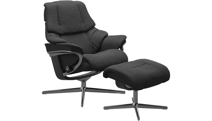 Stressless Reno with Cross Base and Stool in Peony Charcoal Fabric
